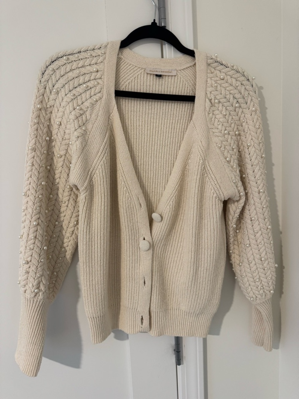 Cream Pearl-Embellished Cable Knit Cardigan - Women